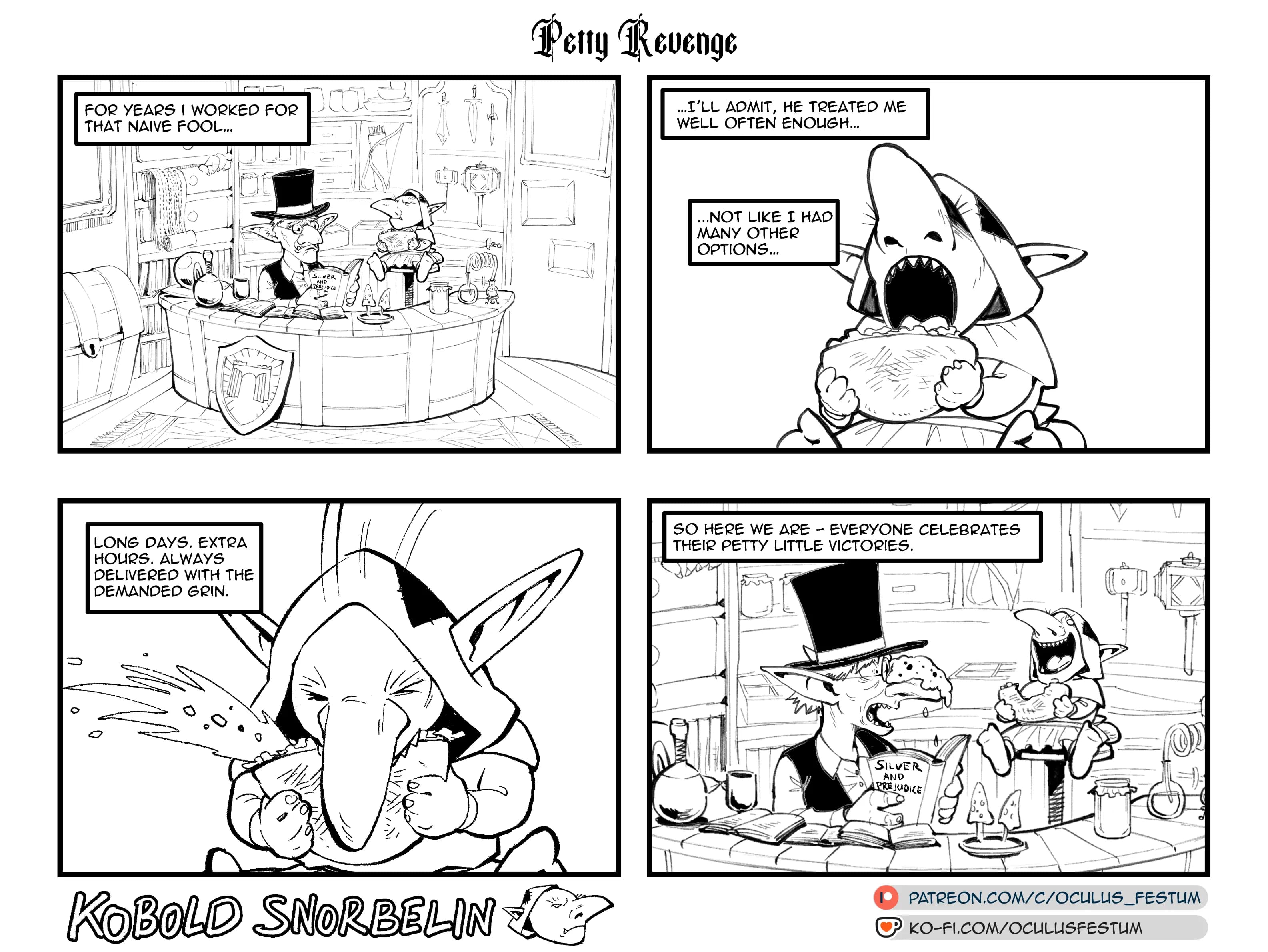 Snorbelin sprays food onto his employer while grinning behind the shop counter.