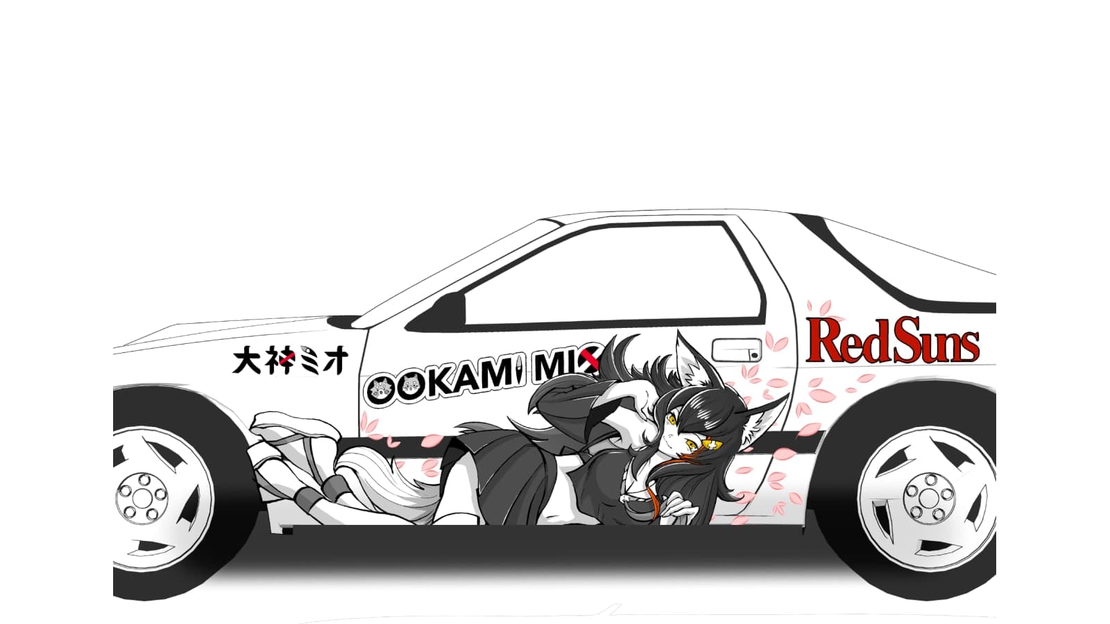 Custom Itasha car-livery artwork with two illustrated characters, red petals, logos, and typography arranged across a white coupe